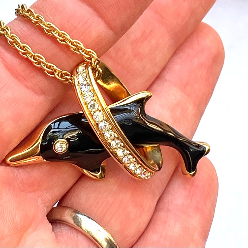 RARE Swarovski Dolphin Crystal Enamel Pendant Necklace and Velvet Pouch HTF